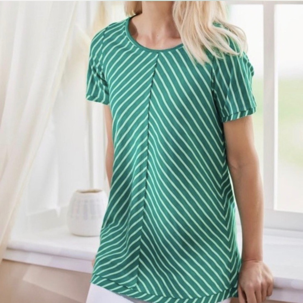 Soft Surroundings Womens Medium T-Shirt Green White Striped Pima Cotton Tee